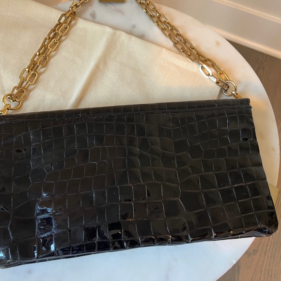 Tory Burch Reva Patent Leather Croc Embossed Black and Gold Shoulder Bag/Clutch - Picture 2 of 6